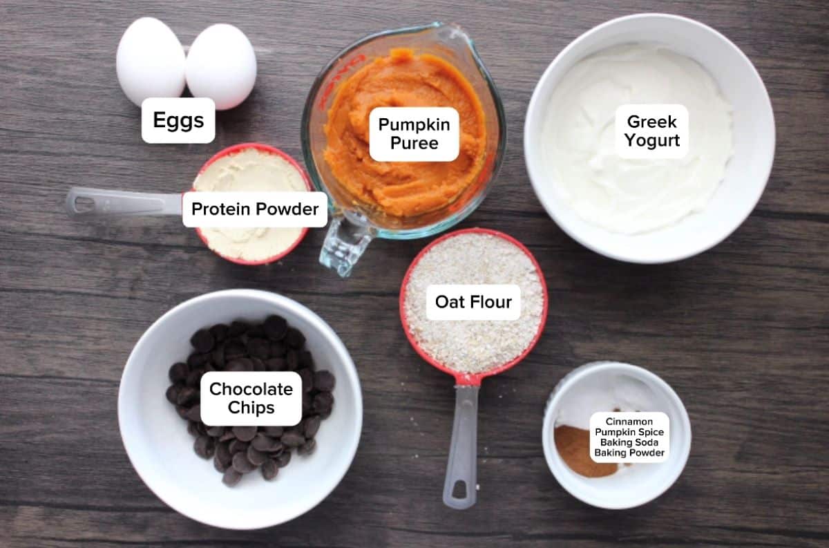 Image of ingredients in high protein pumpkin muffins: eggs, protein powder, pumpkin puree, greek yogurt, oat flour, chocolate chips, cinnamon spice, pumpkin spice, baking soda, baking powder